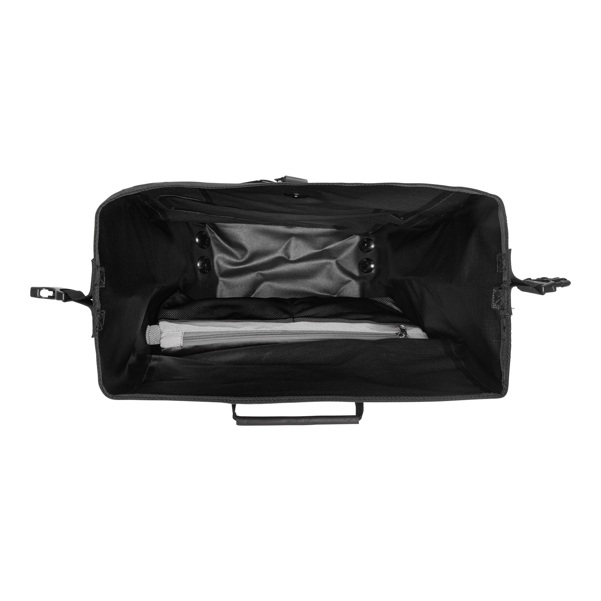 Vue intérieure du ORTLIEB Back-Roller XL Plus QL2.2 en granite - black avec grand compartiment principal et poche zippée