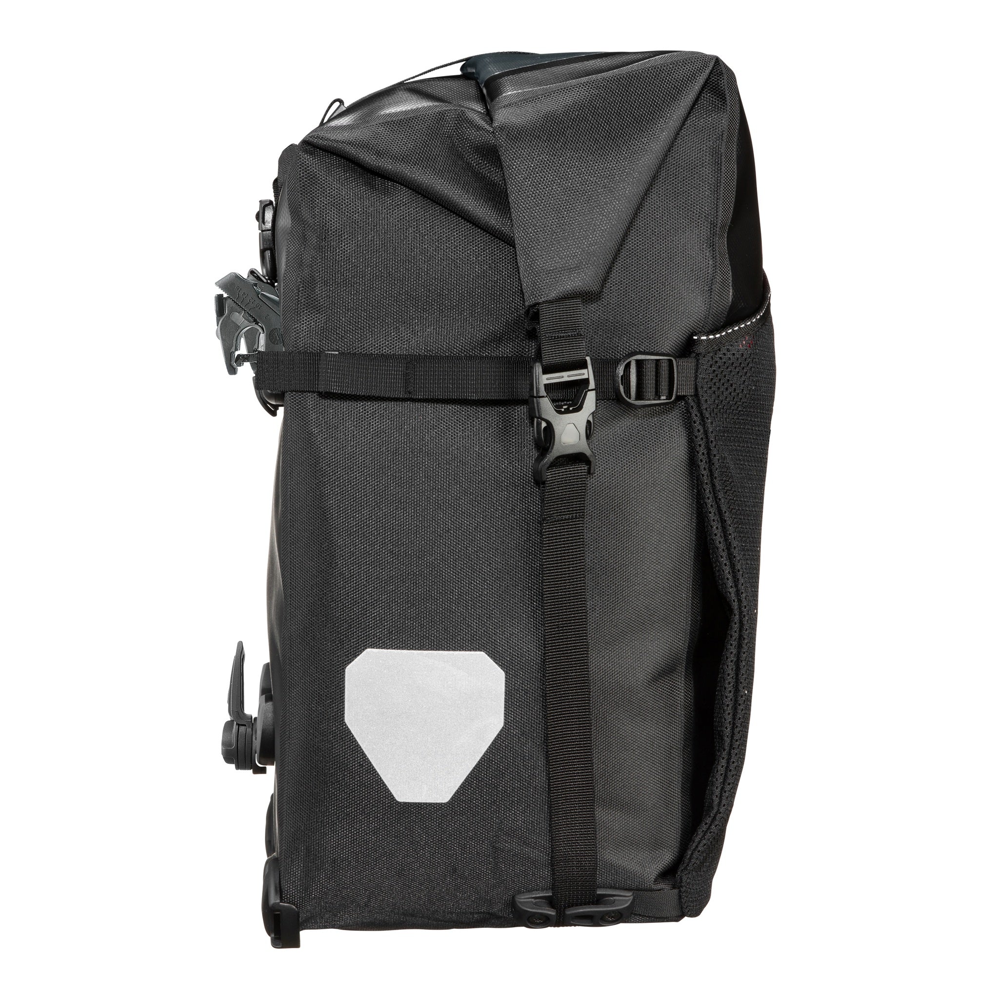 Vue latérale du ORTLIEB Back-Roller XL QL2.2 en asphalt - black avec élément réfléchissant et fermeture roulée