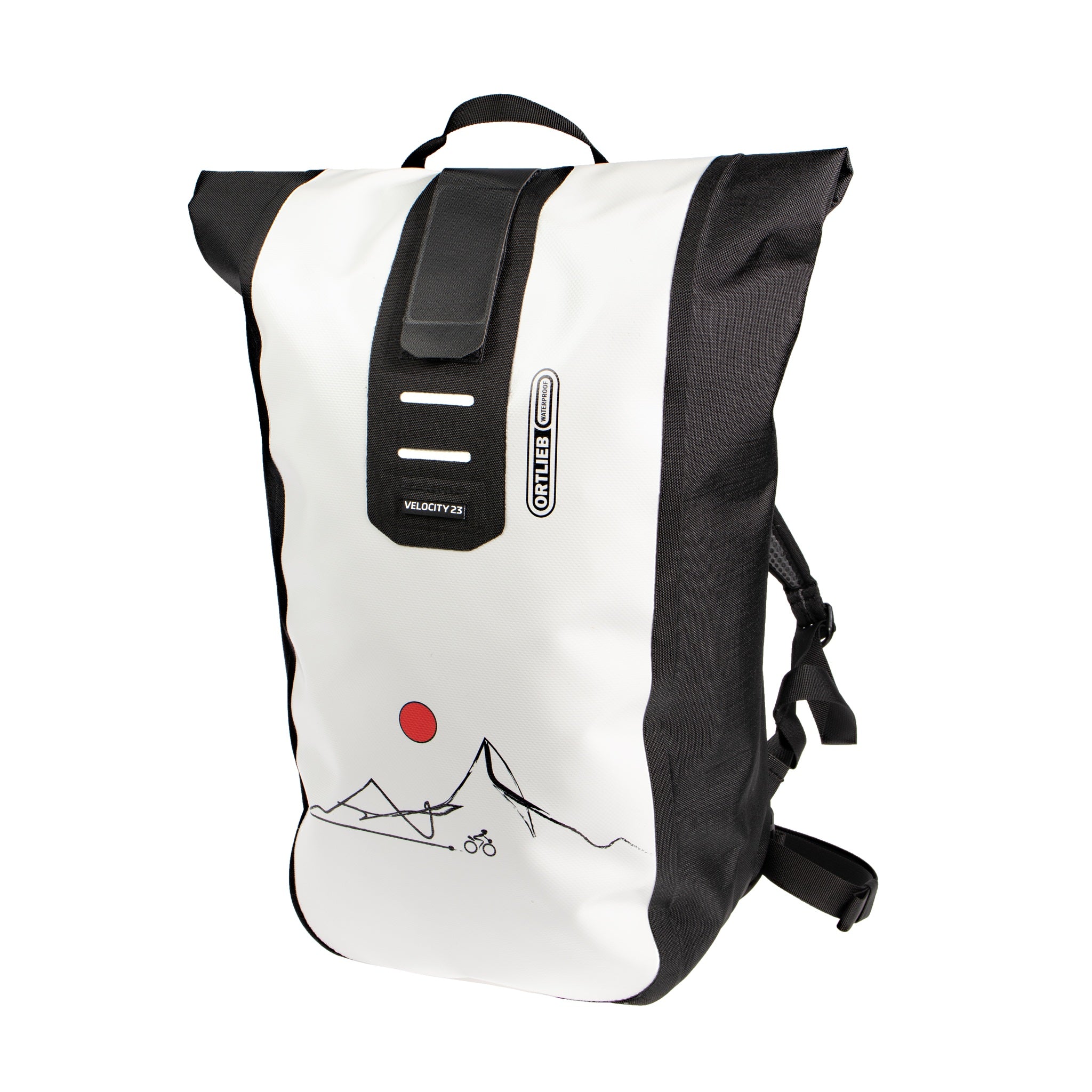 Sac à dos ORTLIEB Velocity Design blanc et noir avec motif de soleil rouge et ligne de montagne sur le devant