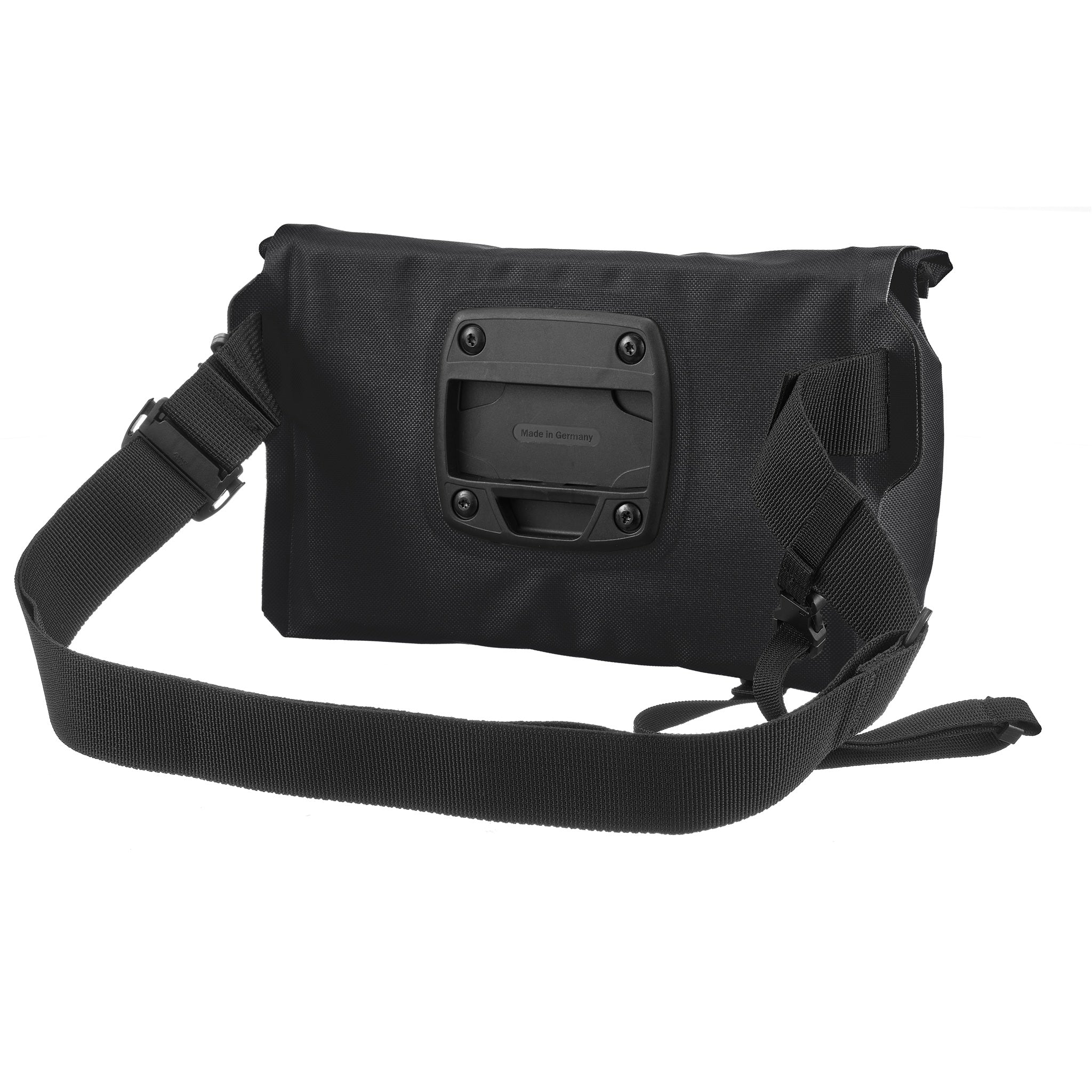 Vue arrière de l’ORTLIEB Velo-Sling Flex couleur black 2.5 Liter avec plaque de fixation et sangle