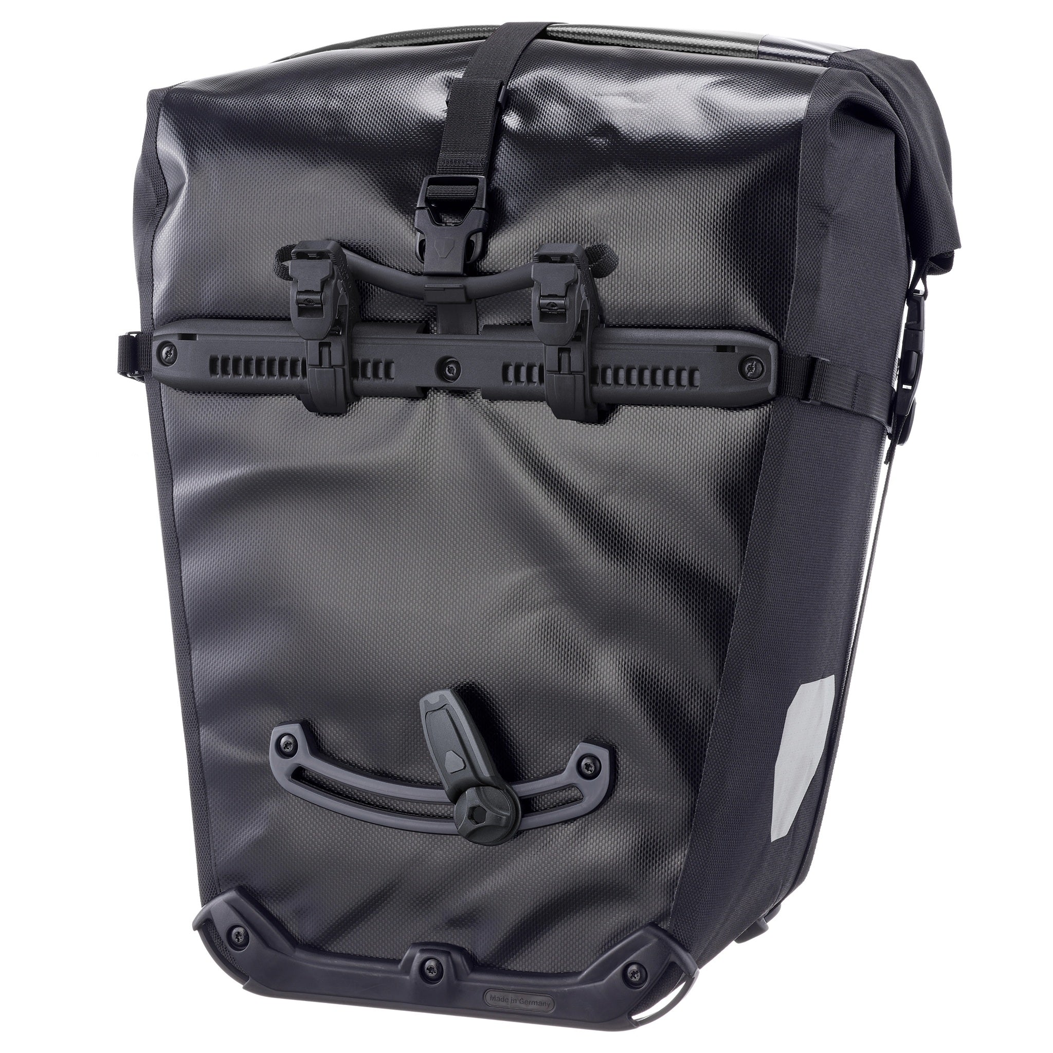 Vue arrière du ORTLIEB Back-Roller XL QL2.2 en asphalt - black avec système de fixation Quick-Lock2.2