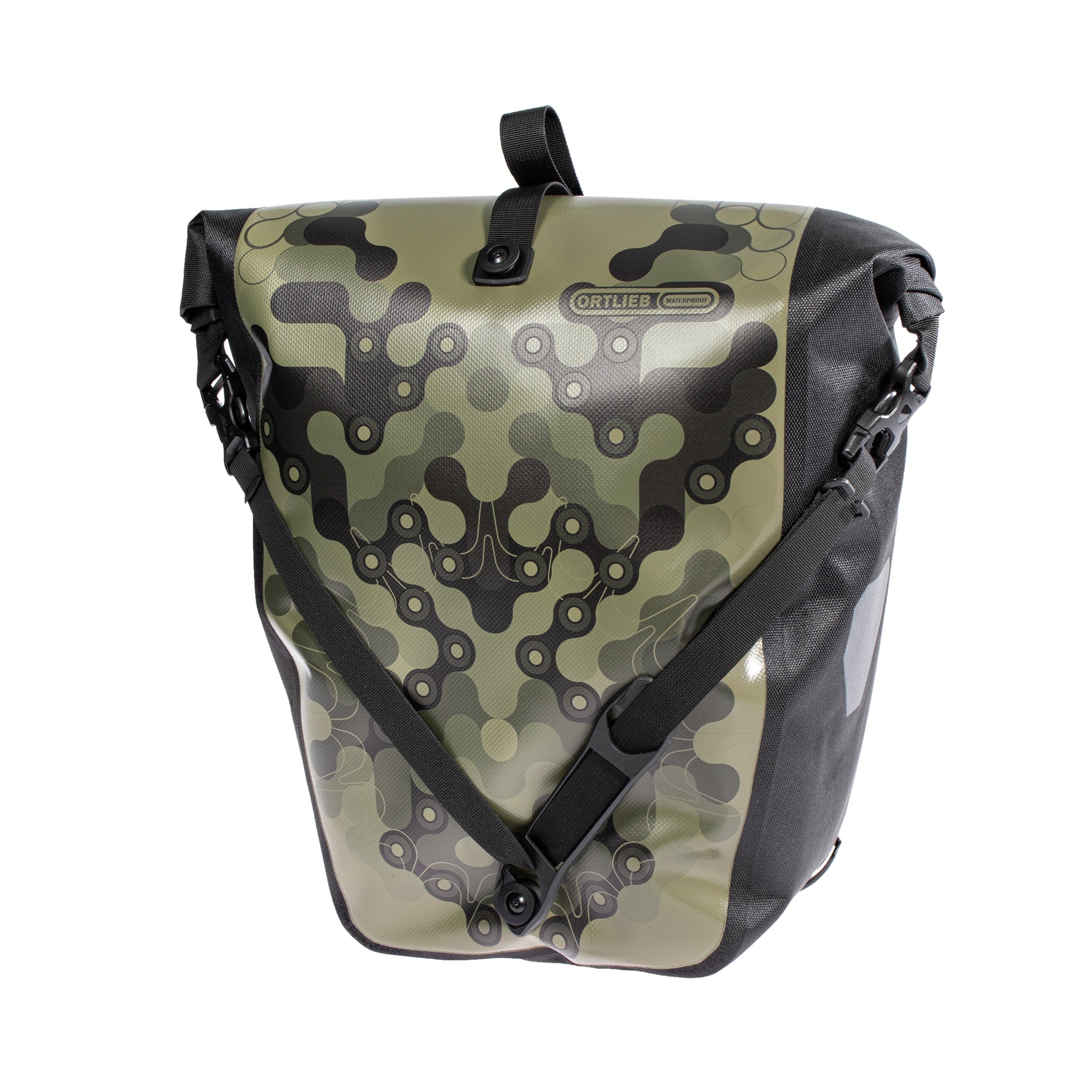 Vue avant du sac ORTLIEB Back-Roller Design olive camouflage avec motif de chaîne