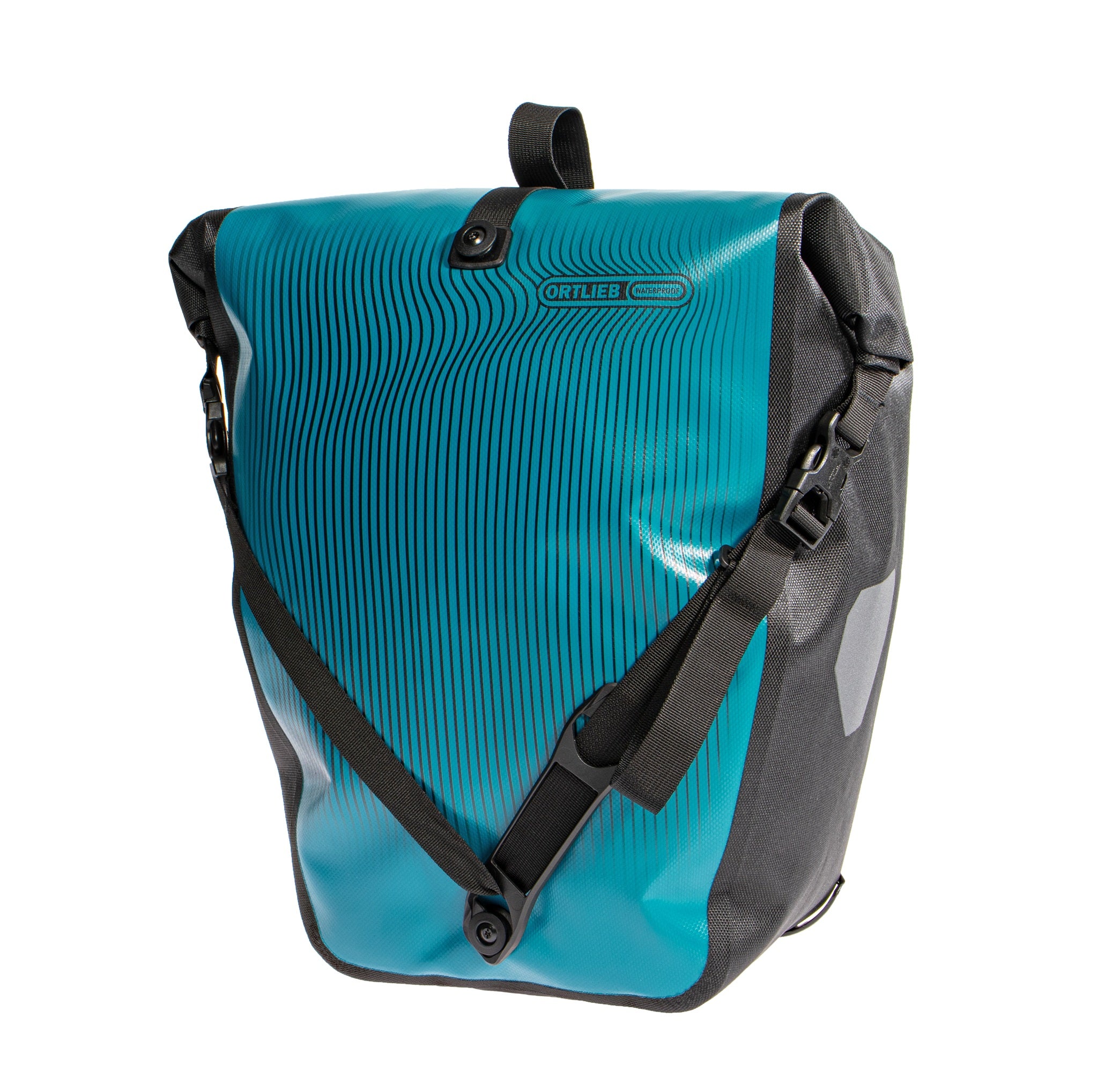 vue avant du sac ORTLIEB Back-Roller Design bleu pétrole avec motif à rayures graphiques