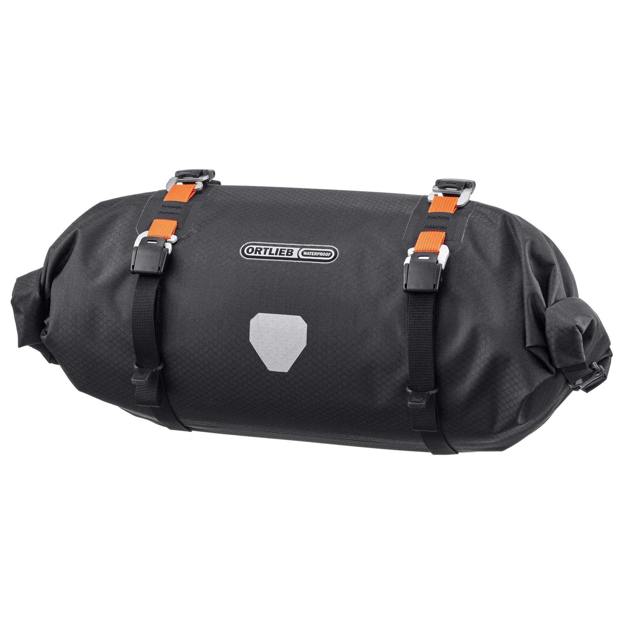 Vue avant du ORTLIEB Handlebar-Pack Flex couleur black-matt avec logo réfléchissant et sangles de compression
