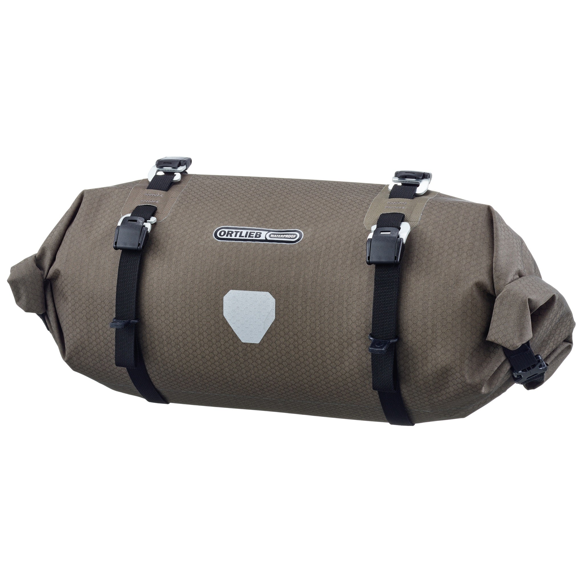 Vue avant du ORTLIEB Handlebar-Pack Flex couleur dark-sand avec logo réfléchissant et sangles de compression